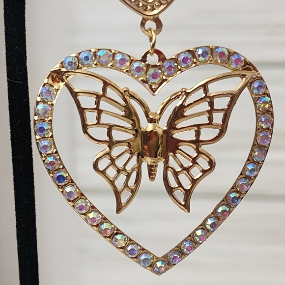 Gold Heart Earrings with AB Crystals and Butterfly - Picture 3 of 5